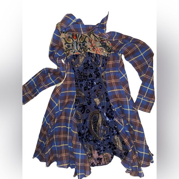 Anthropologie Aratta Silent Journey Blue Plaid velvety Burnout Dress Small - Picture 2 of 3